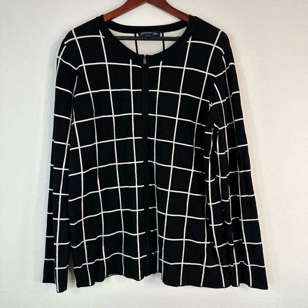 Jones New York Grid Plaid Full Zip Jacket 2X Preppy Minimalist Stretch Knit